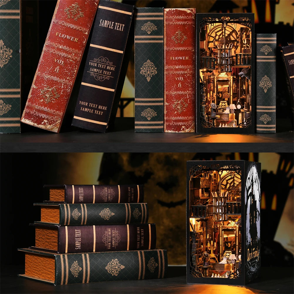 Book Nook Kit Dark Family DIY Wooden Puzzle Gothic Style Halloween Bookshelf Dollhouse Model Bookend Building Home Decoration