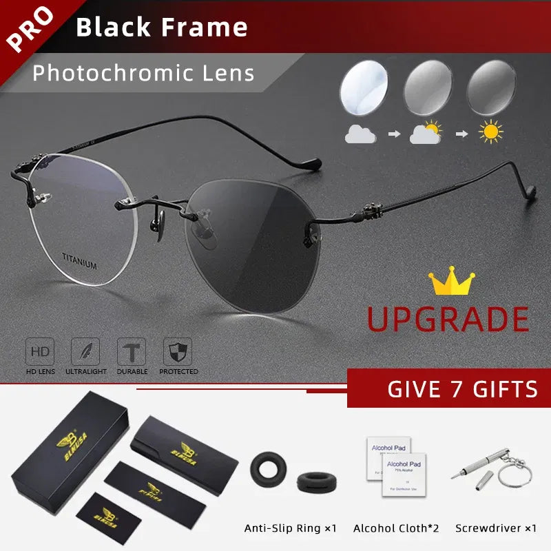 Frame Color: GRAY, Eye Prescription: +275 - BLMUSA Pure Titanium Rimless Anti-blue Light Reading Glasses for Men Round Photochromic Optical Prescription with MR-8 lens