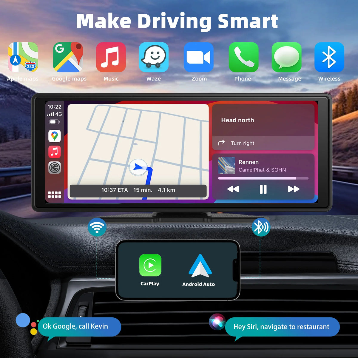 Portable Wireless Carplay Car Stereo, 10.26" inch HD Touchscreen for Car with CarPlay & Android Auto with Mirror Link/Backup Cam