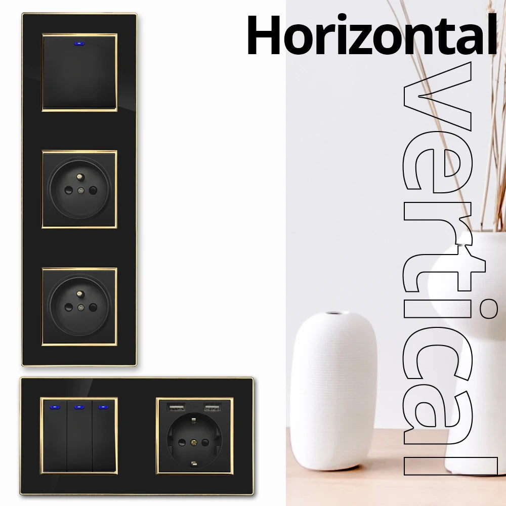 Wallpad Black DIY Module Acrylic Panel With Gold Border Wall Power Socket Electrical Outlet S6 Function Key Free Combination