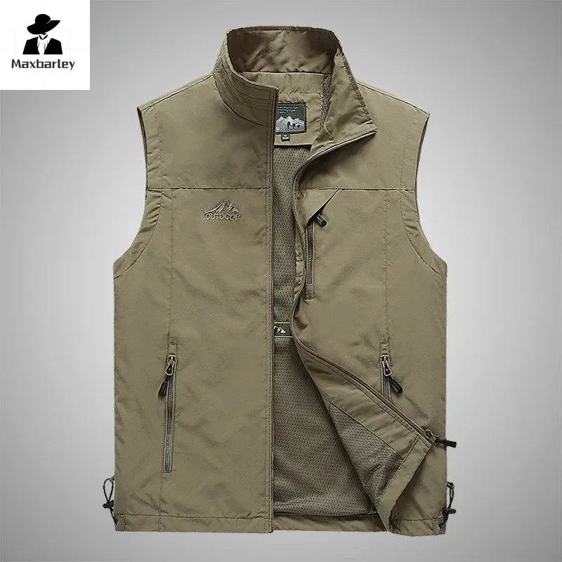 Color: Beige, Size: XXS - Autumn Men Waistcoat Outdoor Leisure Solid Sleeveless Jacket Young Middle-aged Photography Fishing Casual Vest Male summer