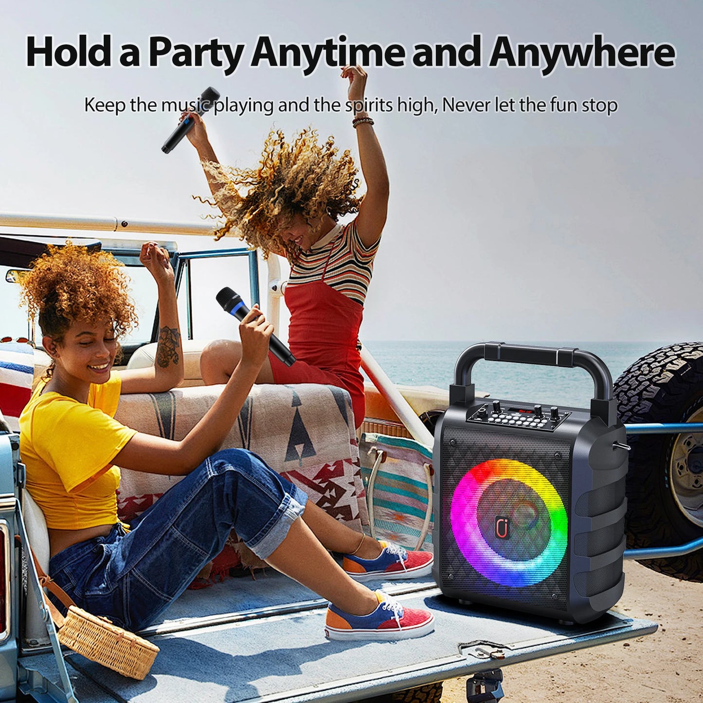 Bluetooth Karaoke Machine, Home Karaoke System with 2 Wireless Microphone, Portable Party Speaker with LED Light