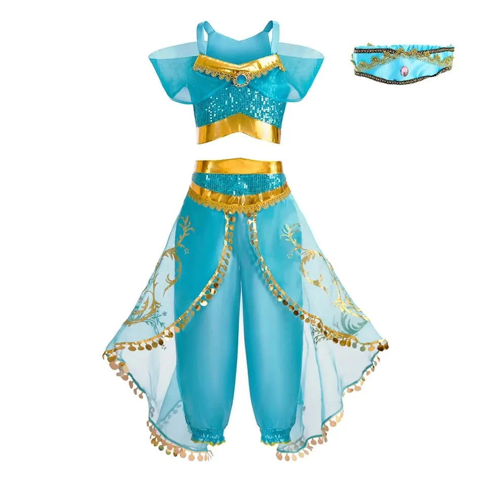 Kids Arabian Princess Dress Girls Halloween Jasmine Costume Children Carnival Cosplay Party Disguise Girl Sequins Pageant Outfit