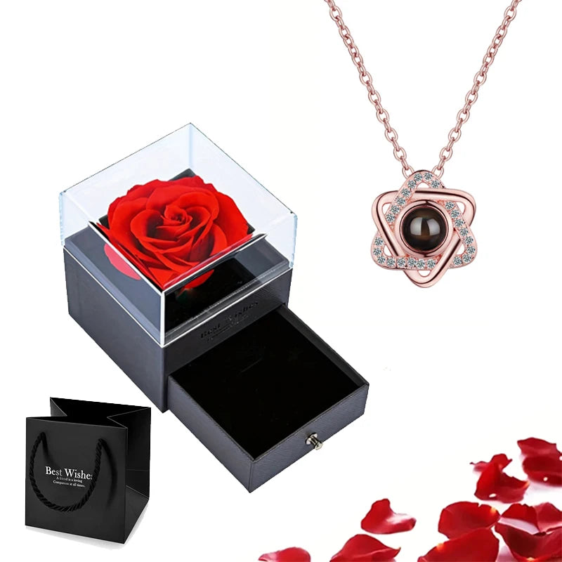 Projection Necklace Set With Rose Gift Box 100 Languages I Love You Heart Pendant Jewelry 2023 Hot Sale Accessories Dropshipping