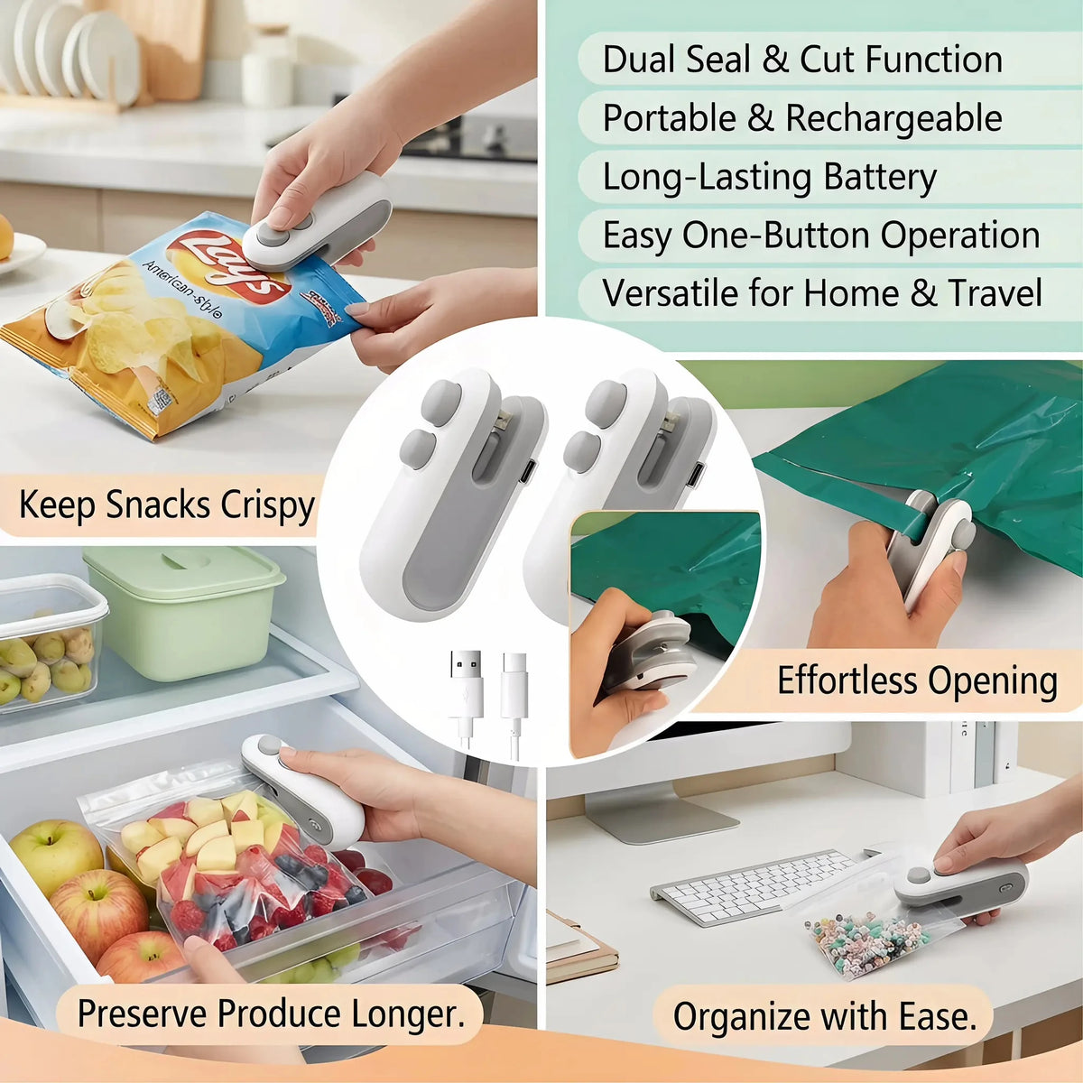 2pcs Mini Snack Bag Sealing Machine, Portable Heat Sealer Handheld Plastic Bag Sealer for Food Storage Snack Bags