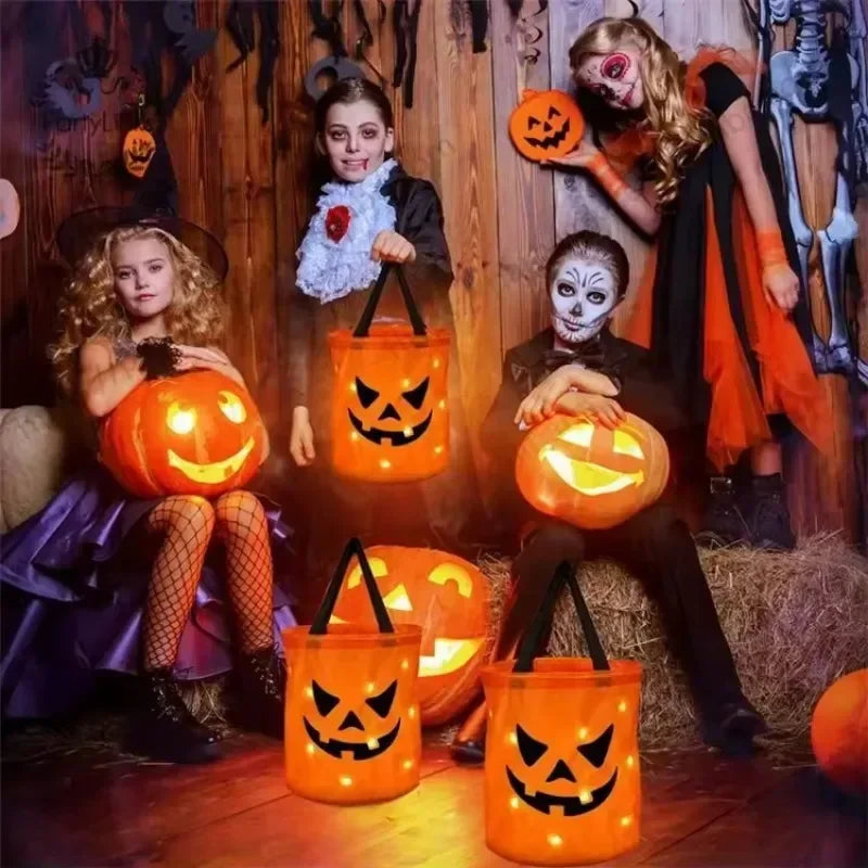 LED Glowing Pumpkin Candy Bag Reusable Halloween Christmas Treat Bag Battery Powered Light for Holiday Candy Exchange Christmas Gift