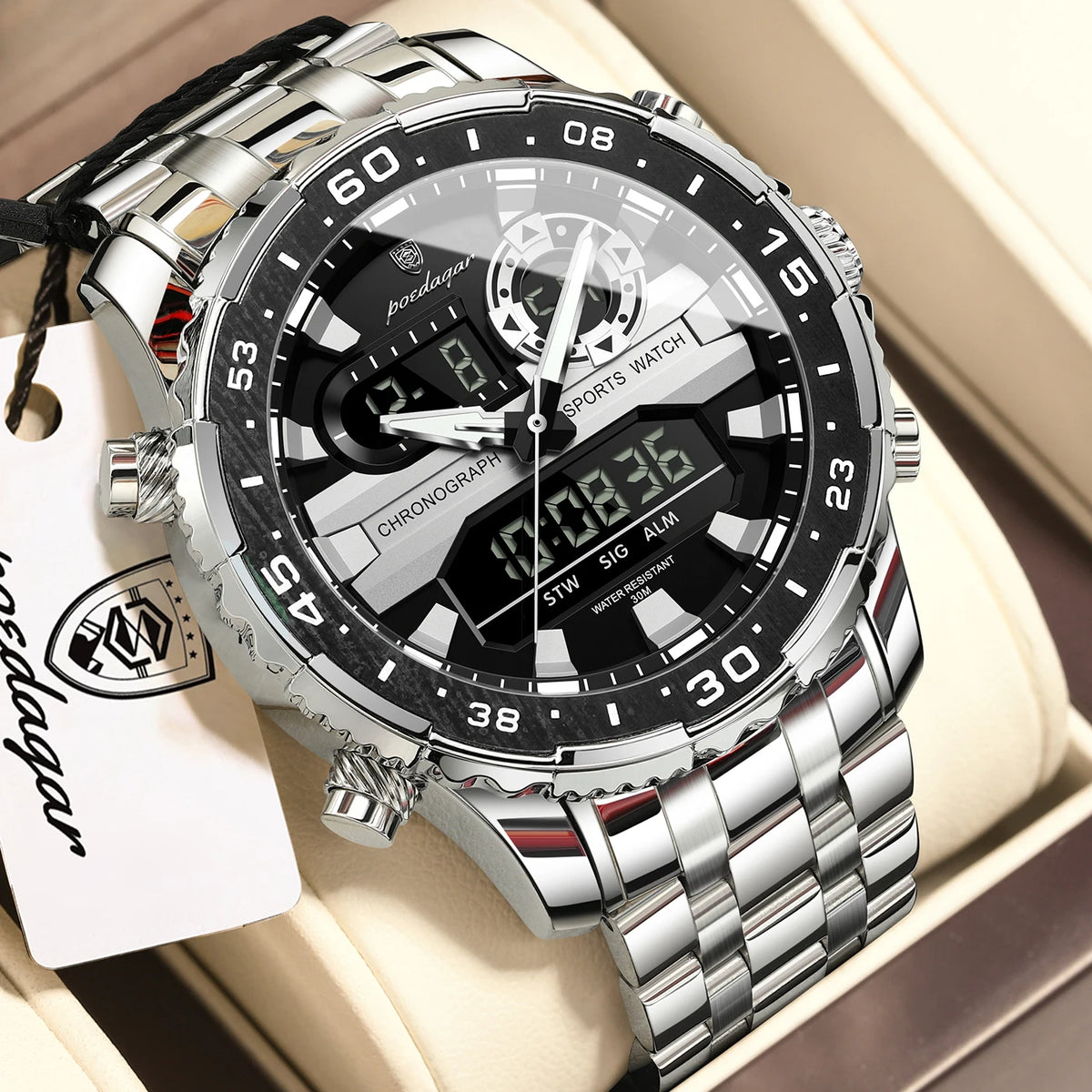 POEDAGAR Functional Electronic Man Wristwatch Week Date LED Luminous Oversized Fashion Quartz Men Watch Dual Time Digital Military Men's Watches Reloj
