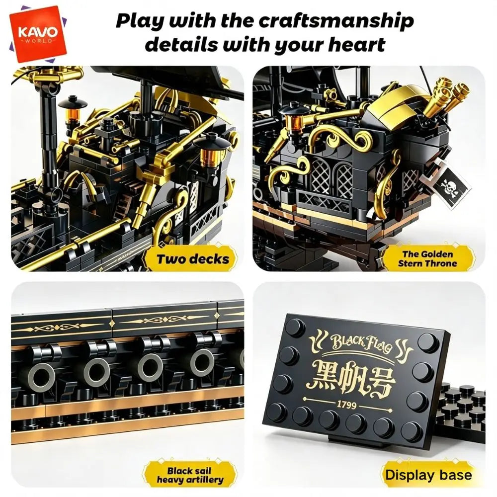 KAVOWORLD 801pcs 1799 Classic Black Sail Pirate Ship Toys Building Blocks Model with Display Stand Large Buccaneer Vessel Boat Brick Kit Corsair Boat Construction Toy Set Collectible DIY Assembly Toy for Desk Decor Christmas