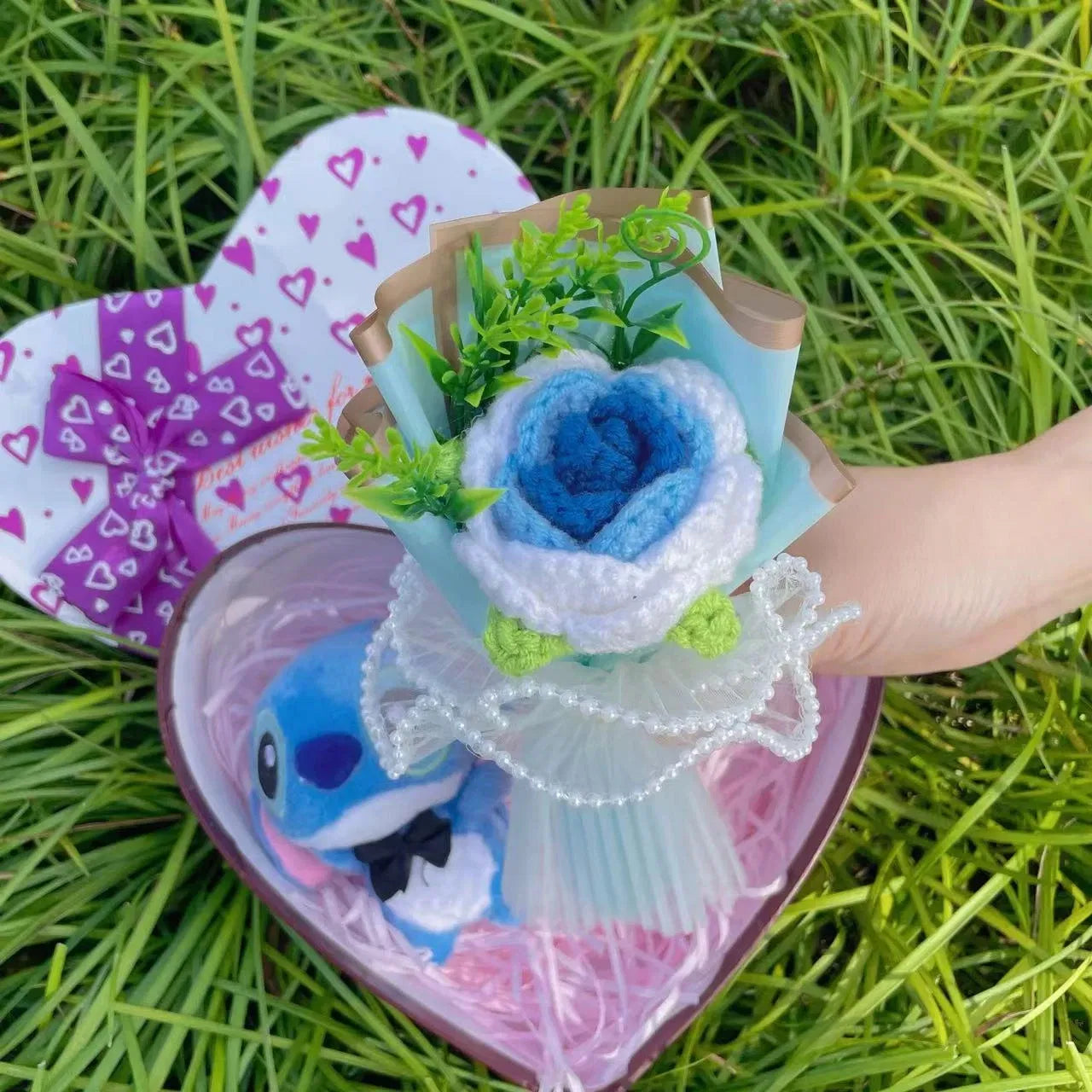 Color: PURPLE - Disney Cartoon Lilo Stitch Plush Doll Toys Rose Bouquet Gift Box Stitch Flower Bouquet Home Decoration Valentine Christmas Gifts