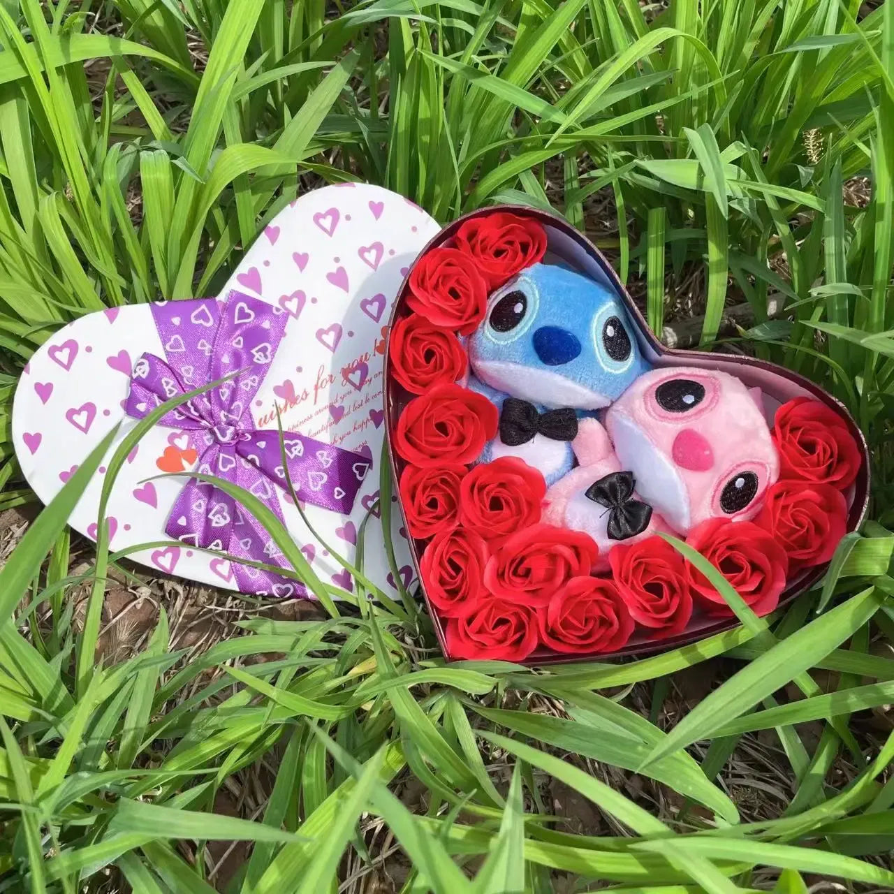 Color: PURPLE - Disney Cartoon Lilo Stitch Plush Doll Toys Rose Bouquet Gift Box Stitch Flower Bouquet Home Decoration Valentine Christmas Gifts