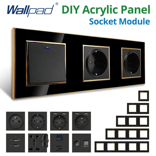 Wallpad Black DIY Module Acrylic Panel With Gold Border Wall Power Socket Electrical Outlet S6 Function Key Free Combination