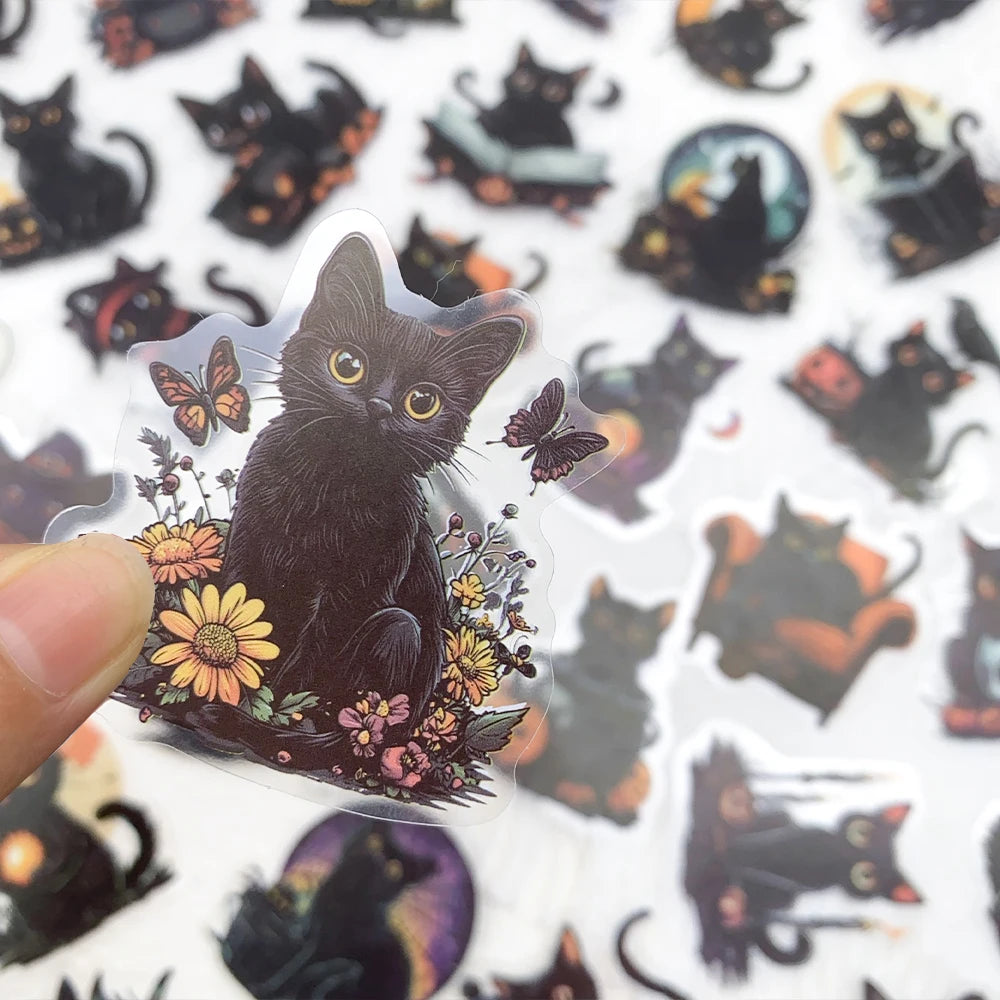 50pcs Halloween Black Cat PET Stickers Decals For Laptop Wall Suitcase Skateboard DIY Aesthetic Stickers Creative Festival Gifts