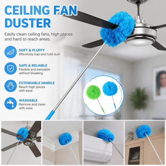2PCS Long-Handled Microfiber Ceiling Fan Duster - Dust-Locking, Reusable, Effortless Cleaning Brush -Ideal For RVs & Home Use