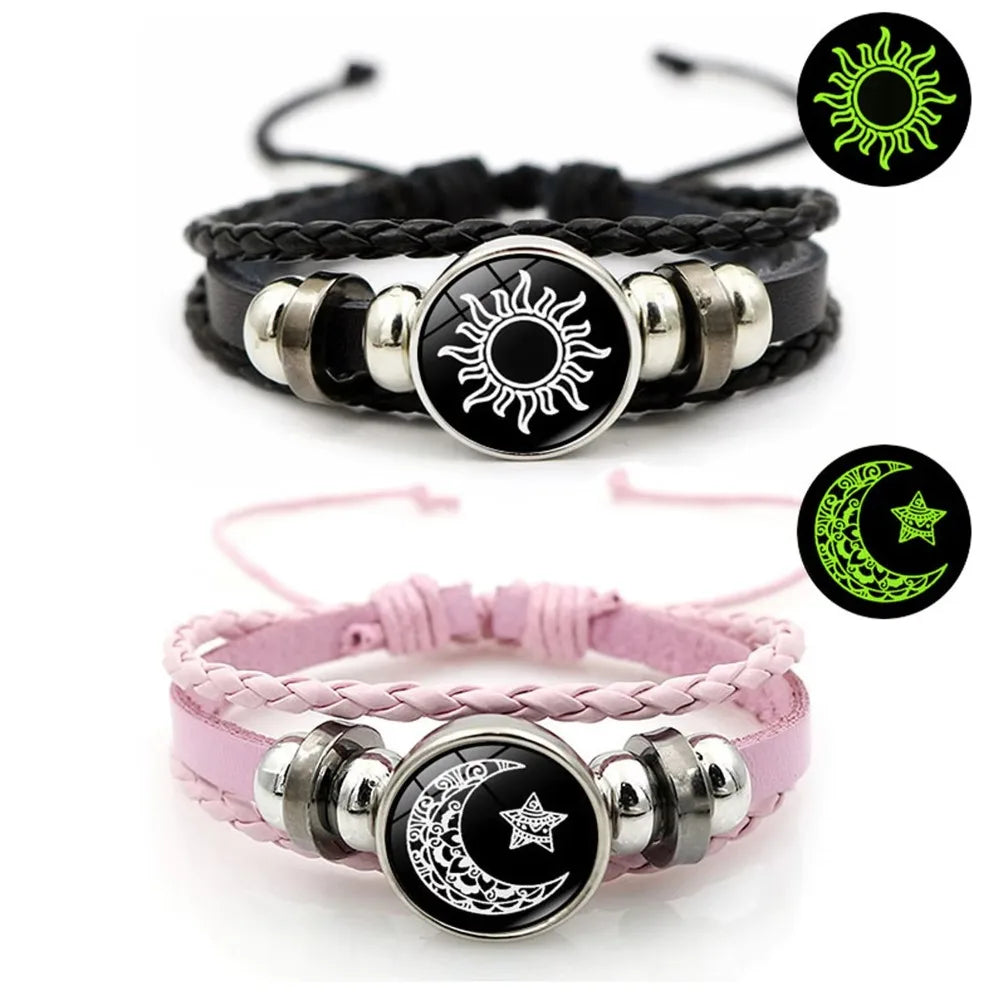 2pcs/set Sun and Moon Lovers Leather Bracelet Punk Multi-Layered Beaded Braided Adjustable Bracelet Set For Couple Jewelry