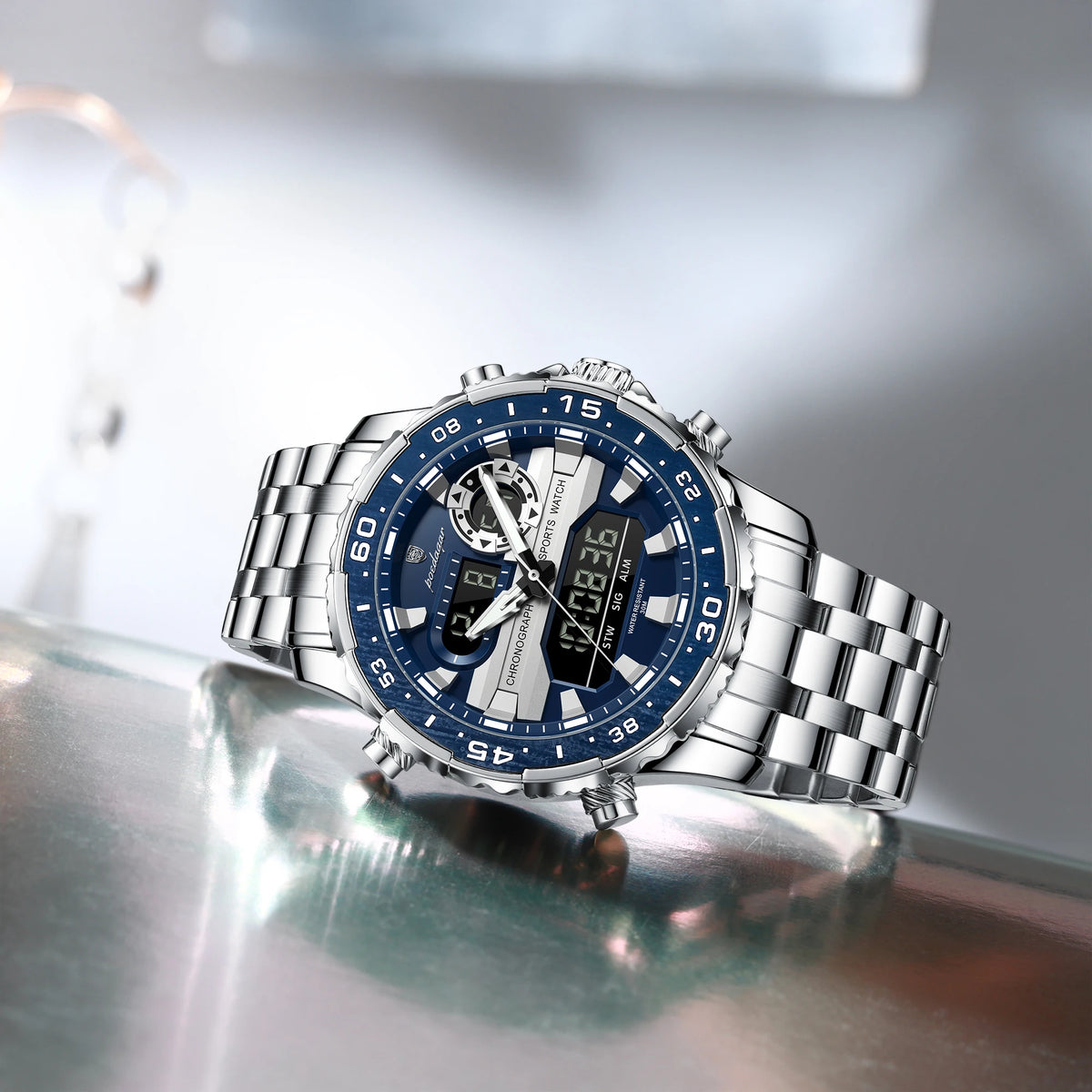 POEDAGAR Functional Electronic Man Wristwatch Week Date LED Luminous Oversized Fashion Quartz Men Watch Dual Time Digital Military Men's Watches Reloj