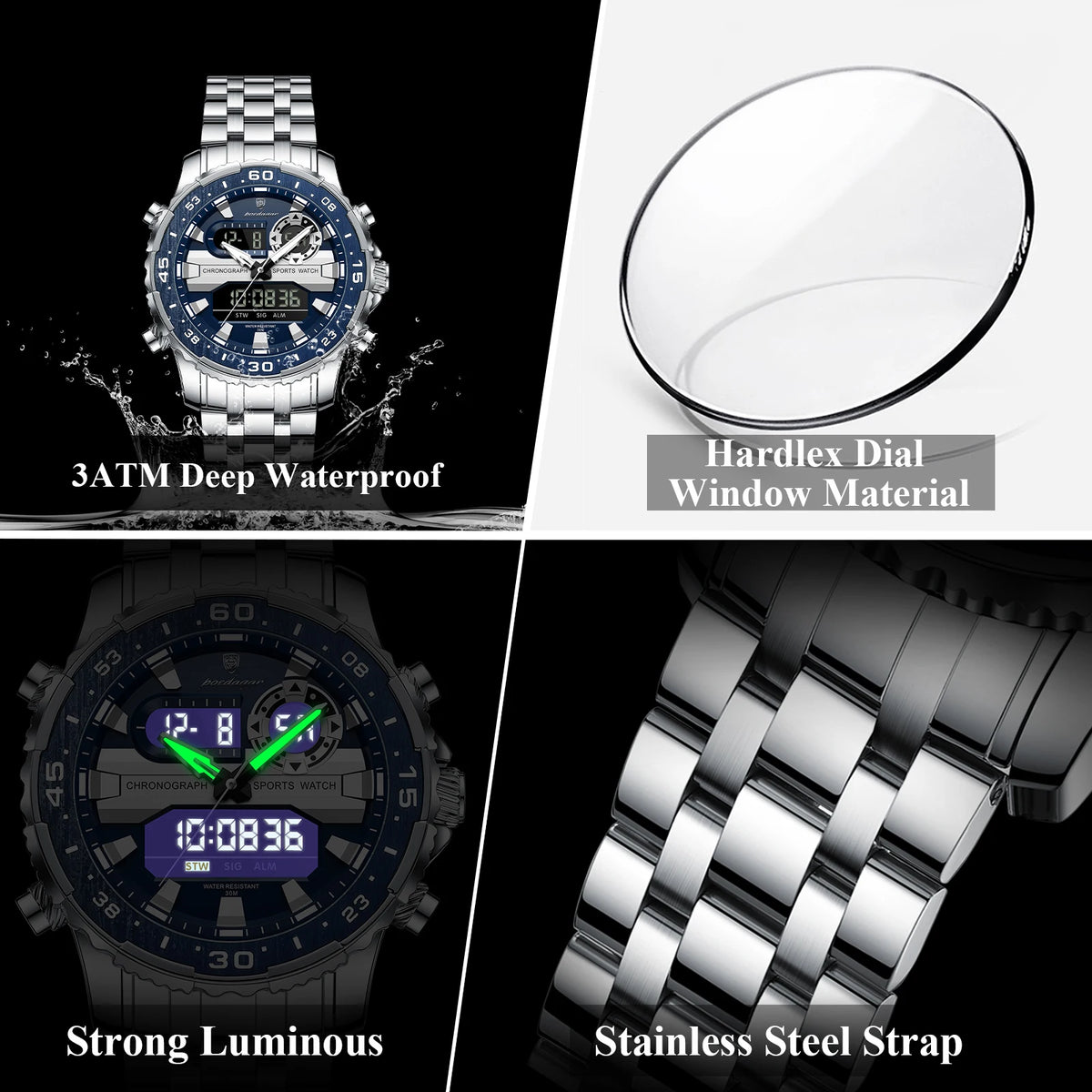 POEDAGAR Functional Electronic Man Wristwatch Week Date LED Luminous Oversized Fashion Quartz Men Watch Dual Time Digital Military Men's Watches Reloj