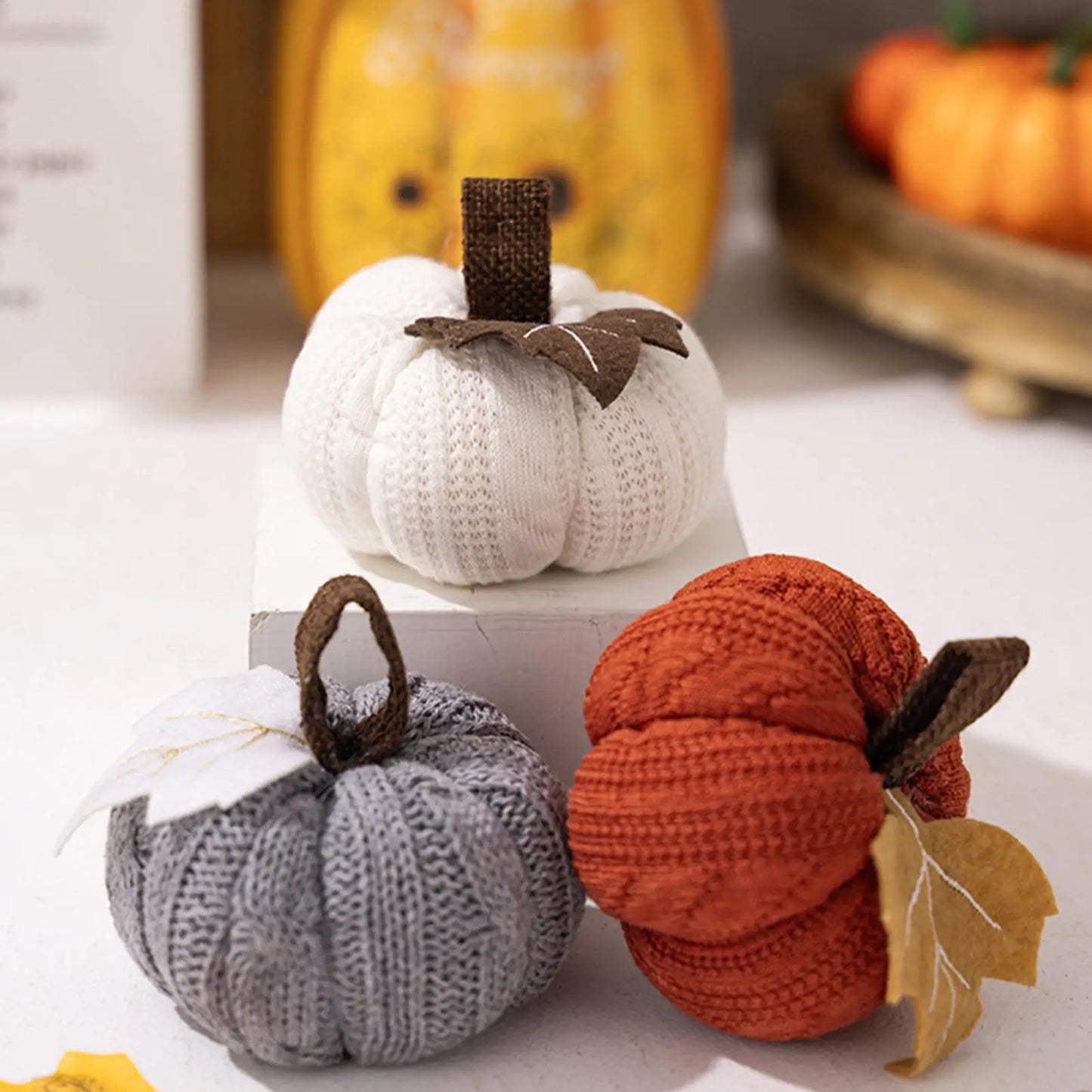 Knit Pumpkin for Autumn Decor Handcrafted Knitted Pumpkin Cozy Warm Soft Decorative Ornaments for Halloween Easter Thanksgiving