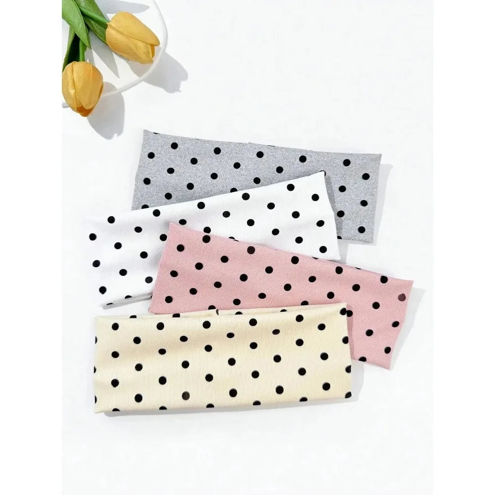 4pcs/set Ladies Polka Dot Print Wide-Edge Elastic Hair Band Face Makeup Sports Headband Stylish Hair Accessory for Women