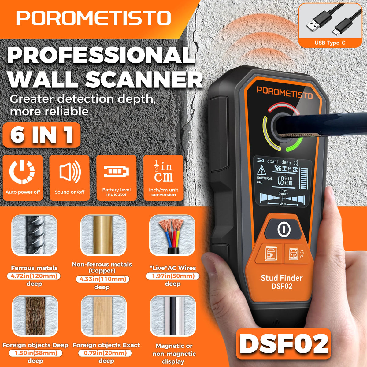 DSF02 6-in-1 Wall Scanner with Deep & Exact Modes, Type-C Rechargeable Stud Finder for Wood, Metal (Ferrous and Non-Ferrous), Live AC Wire, Pipe Detection, Depth Measurement, Auto-Calibration, Visual/Audible Alerts – Safe D