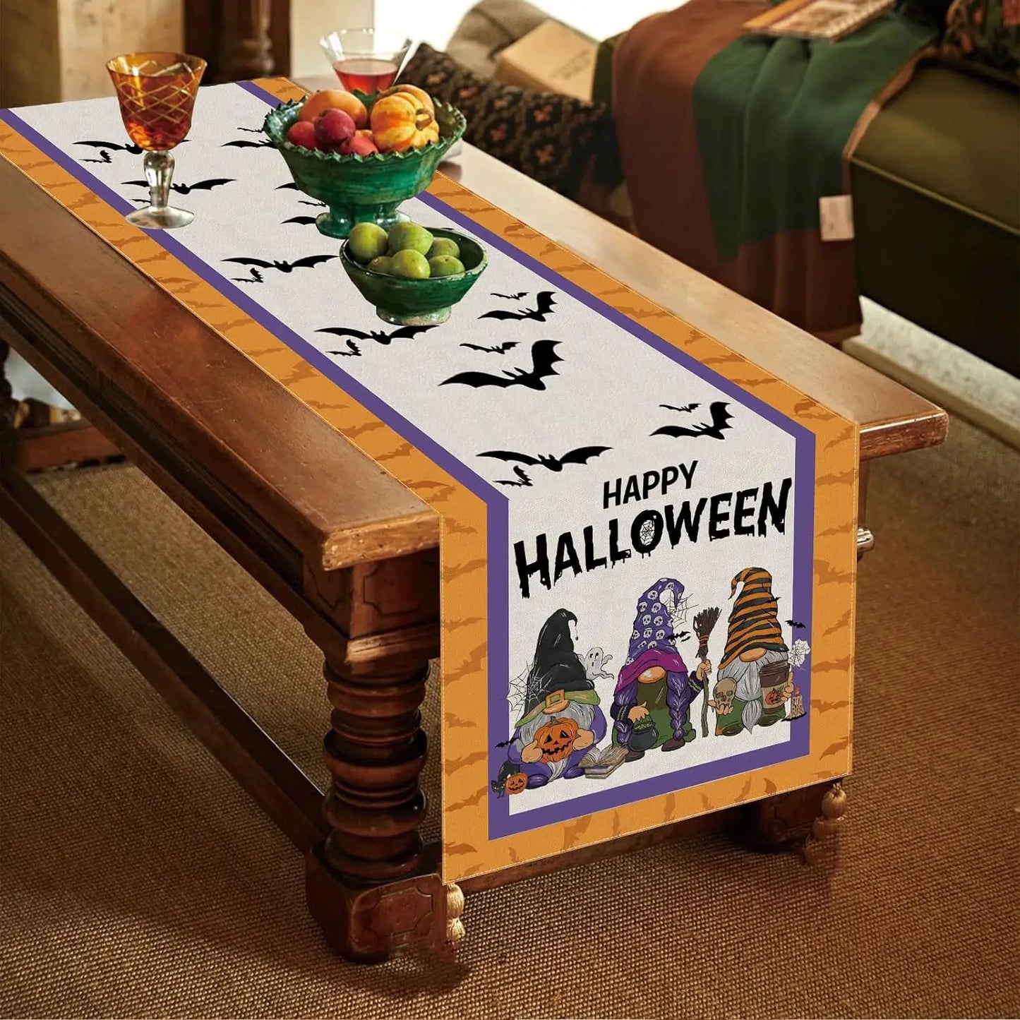 Halloween Gnome Pumpkin Linen Table Runners Black Cat Castle in Purple Spooky Nights Holiday Party Kitchen Dining Table Decor