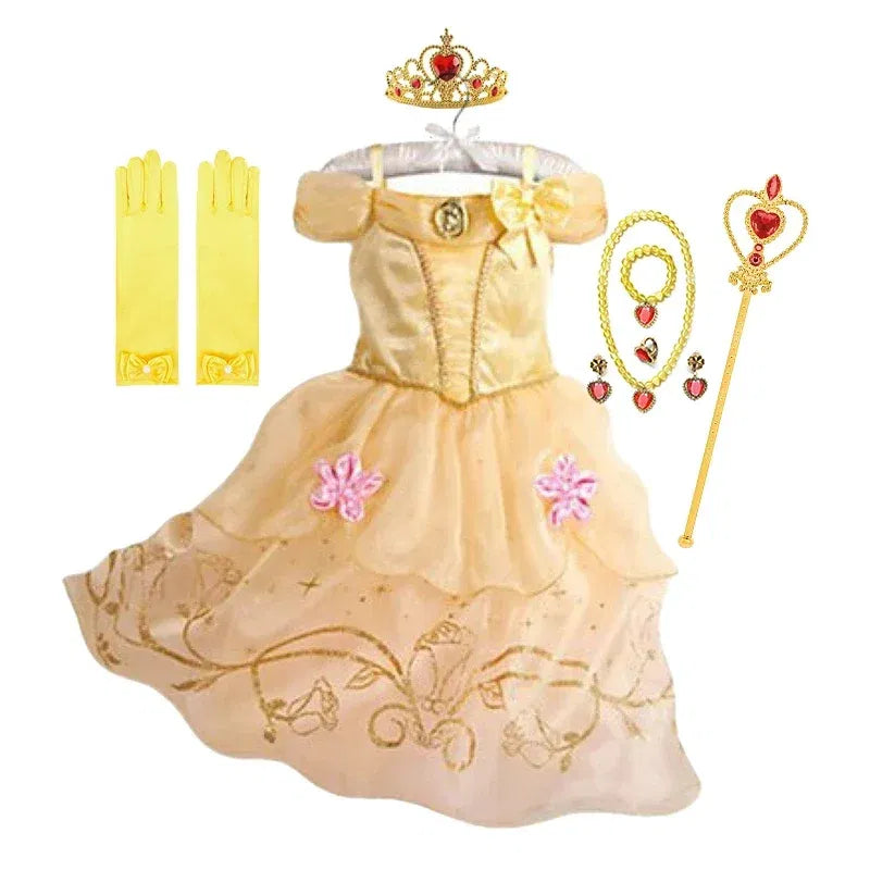 Kid Size: 2T, Color: Khaki - Belle Princess Dress for Girls Cosplay Beauty and The Beast Snow White Costumes Kids Halloween Carnival Birthday Clothes