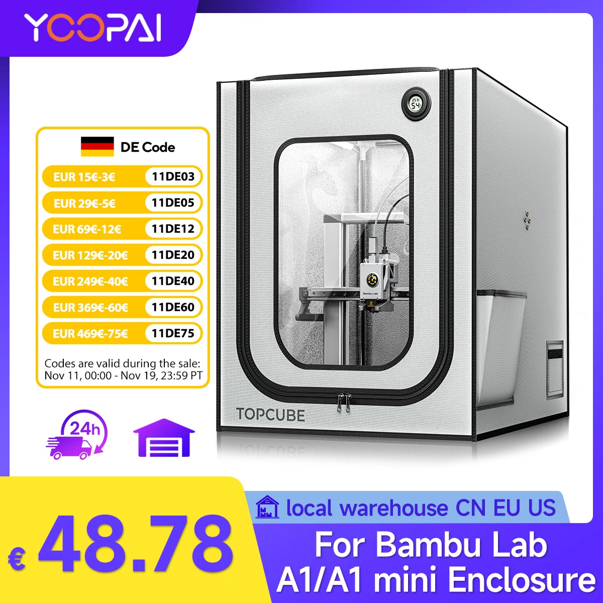 YOOPAI 3D Printer Enclosure for Bambu Lab A1/A1 Mini 3D Printer House Cover with LED Light Constant Temperature Fireproof Large