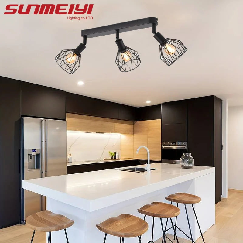 LED Ceiling Light Fixture Black Iron Farmhouse Kitchen Dining Table Hallway Bathroom Bedroom E14 Lamp holder Ceiling Light