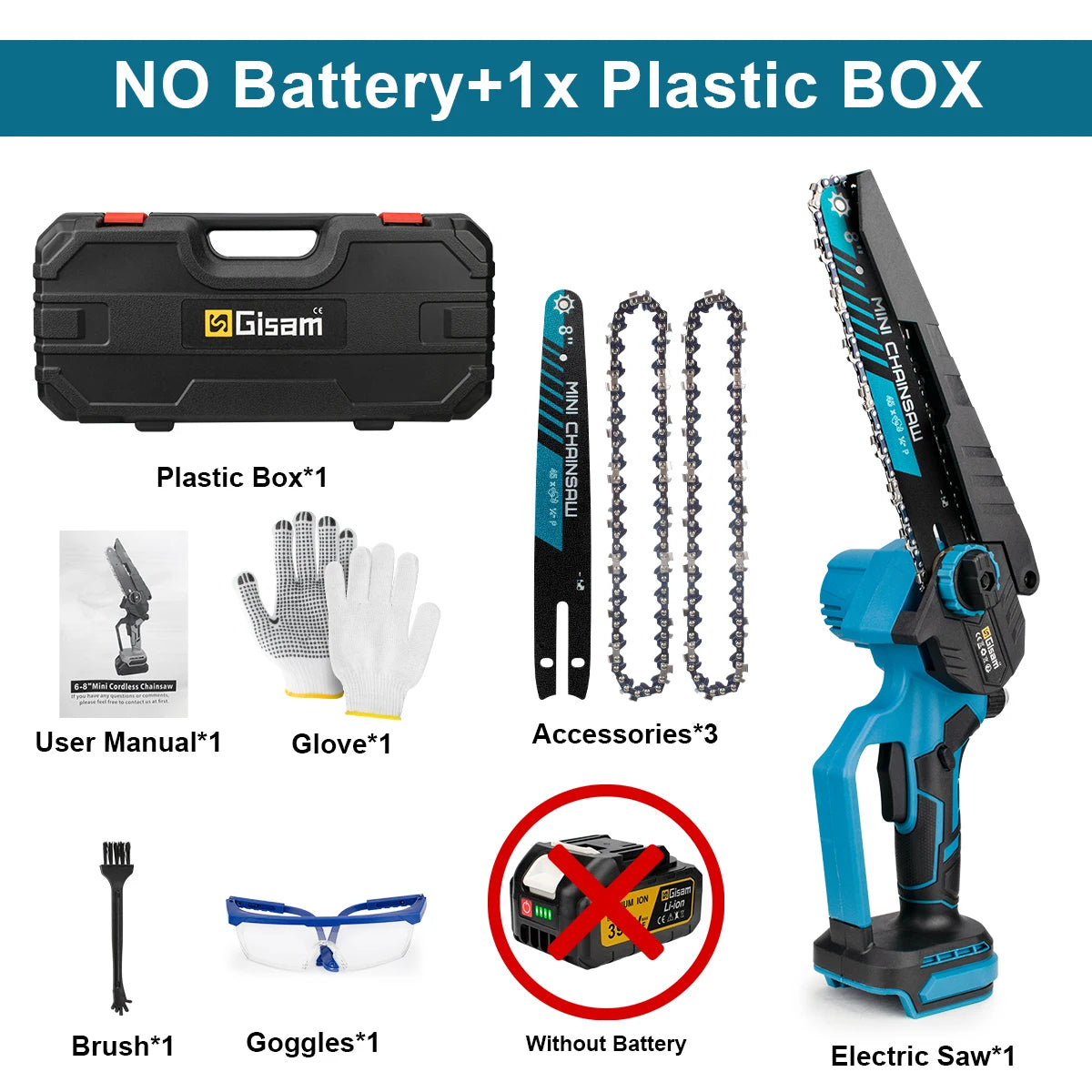 Gisam 8 Inch Brushless Electric Saw Cordless Handheld Garden Wood Logging Pruning Chainsaw Power Tools for Makita 18V Battery