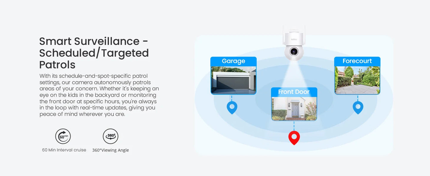 AOSU 5MP WiFi Camera Outdoor 360° View PTZ Smart Security Camera Auto Tracking 2-way Audio Wireless CCTV Camera Support Alex