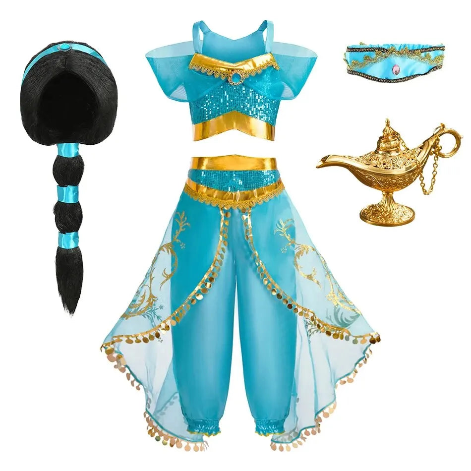 Kids Arabian Princess Dress Girls Halloween Jasmine Costume Children Carnival Cosplay Party Disguise Girl Sequins Pageant Outfit