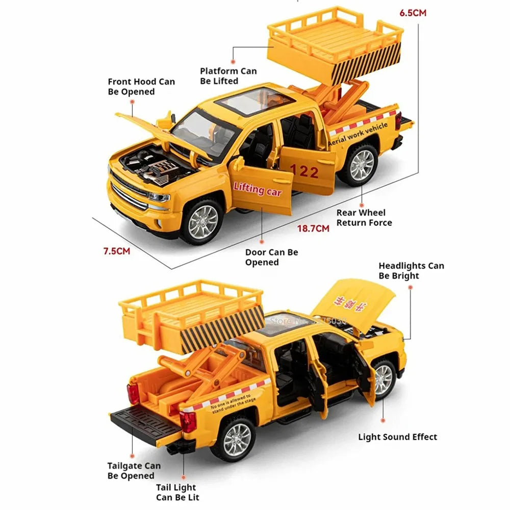 1/32 High Altitude Operation Lifting Car Car Model Alloy Diecast with Sound Light Pull Back Function Toy Vehicle Collect Gifts