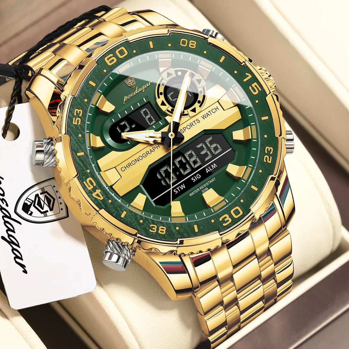 POEDAGAR Functional Electronic Man Wristwatch Week Date LED Luminous Oversized Fashion Quartz Men Watch Dual Time Digital Military Men's Watches Reloj