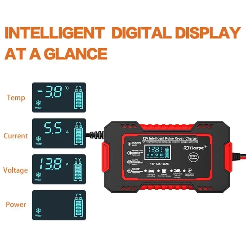 12V 6A Full Automatic Car Battery Charger Power Pulse Repair Chargers Wet Dry Lead Acid Battery Chargers Digital LCD Display