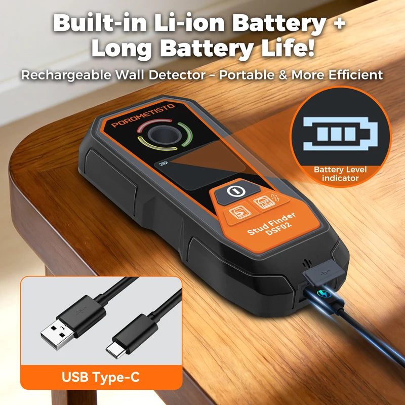 DSF02 6-in-1 Wall Scanner with Deep & Exact Modes, Type-C Rechargeable Stud Finder for Wood, Metal (Ferrous and Non-Ferrous), Live AC Wire, Pipe Detection, Depth Measurement, Auto-Calibration, Visual/Audible Alerts – Safe D