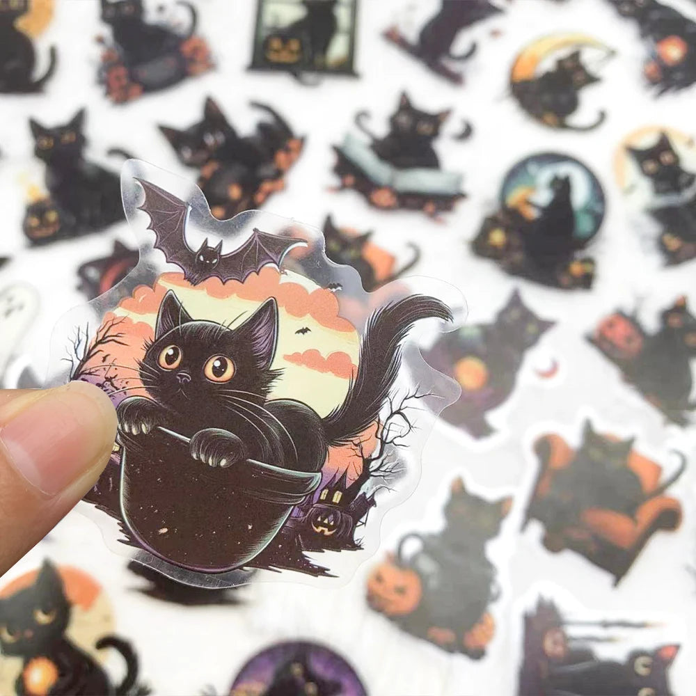 50pcs Halloween Black Cat PET Stickers Decals For Laptop Wall Suitcase Skateboard DIY Aesthetic Stickers Creative Festival Gifts