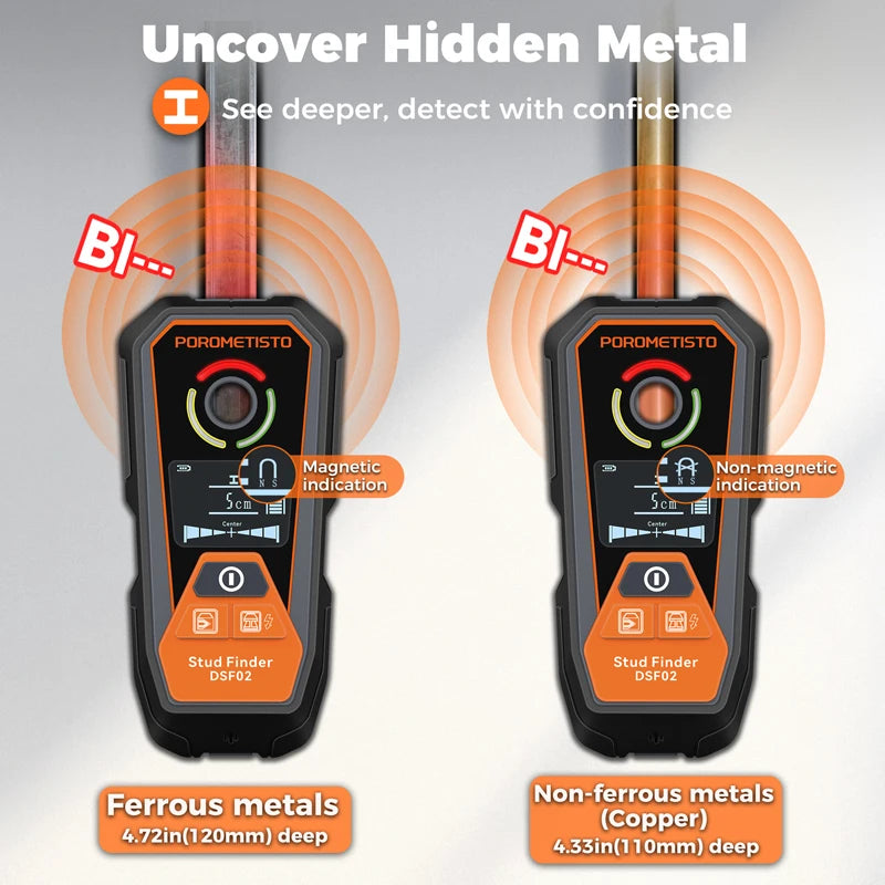 DSF02 6-in-1 Wall Scanner with Deep & Exact Modes, Type-C Rechargeable Stud Finder for Wood, Metal (Ferrous and Non-Ferrous), Live AC Wire, Pipe Detection, Depth Measurement, Auto-Calibration, Visual/Audible Alerts – Safe D