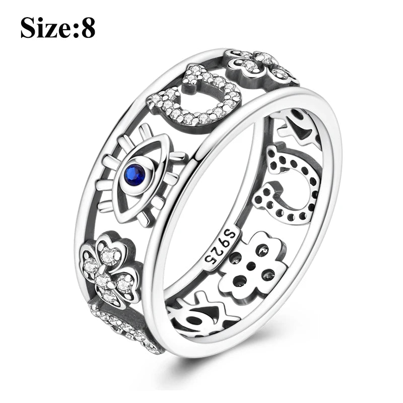 MULA Wedding Band Rings for Women Man 925 Sterling Silver Evil Eye Hand Celtic Knot Four-Leaf Clover Ring Stackable Jewelry Gift