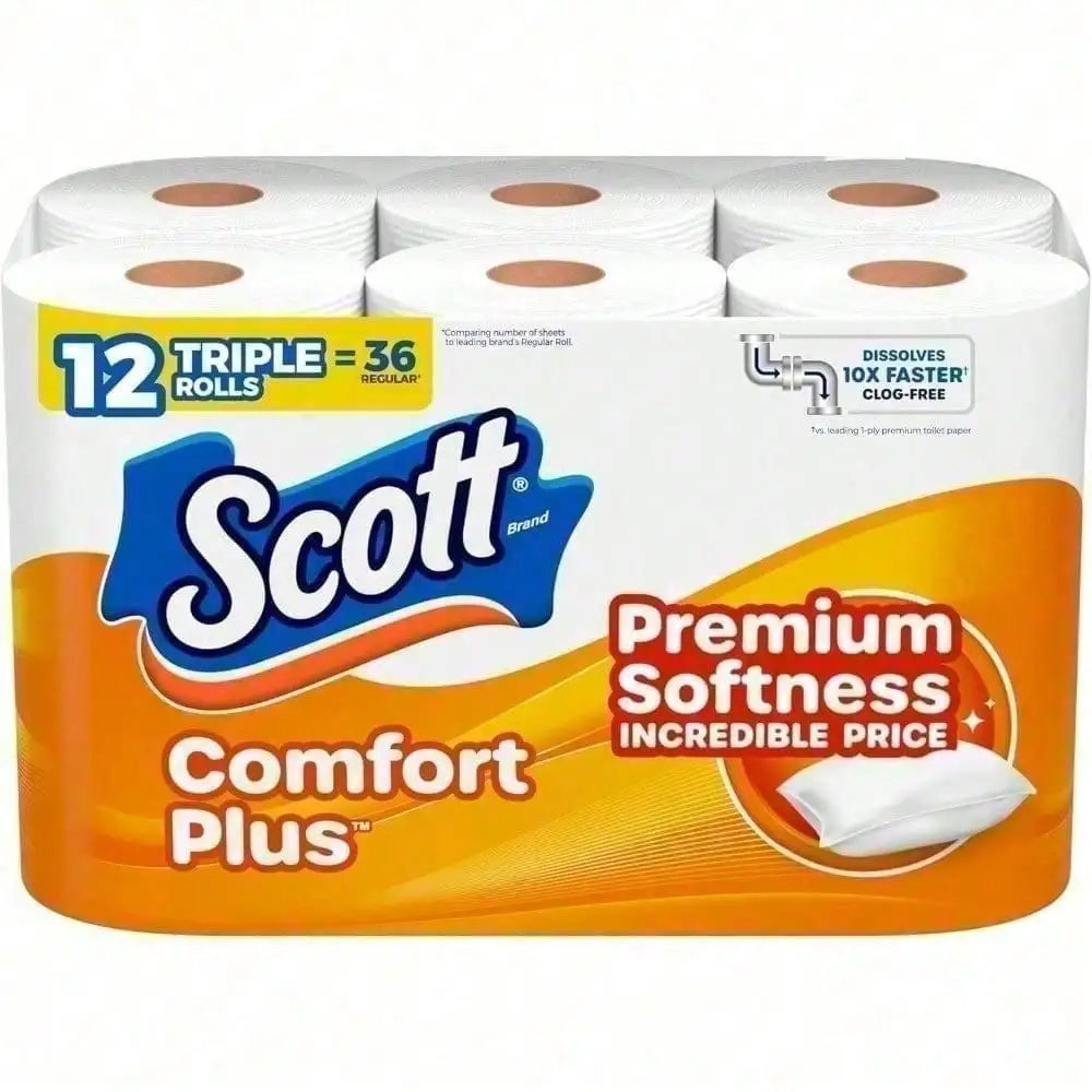 Scott ComfortPlus Toilet Paper, Thickened Family Large Capacity Pack. Available in 12/36/48 rolls, with double-ply & single-ply options. 12 double rolls equal to 24 regular rolls, 231 soft absorbent sheets per roll. Septic &