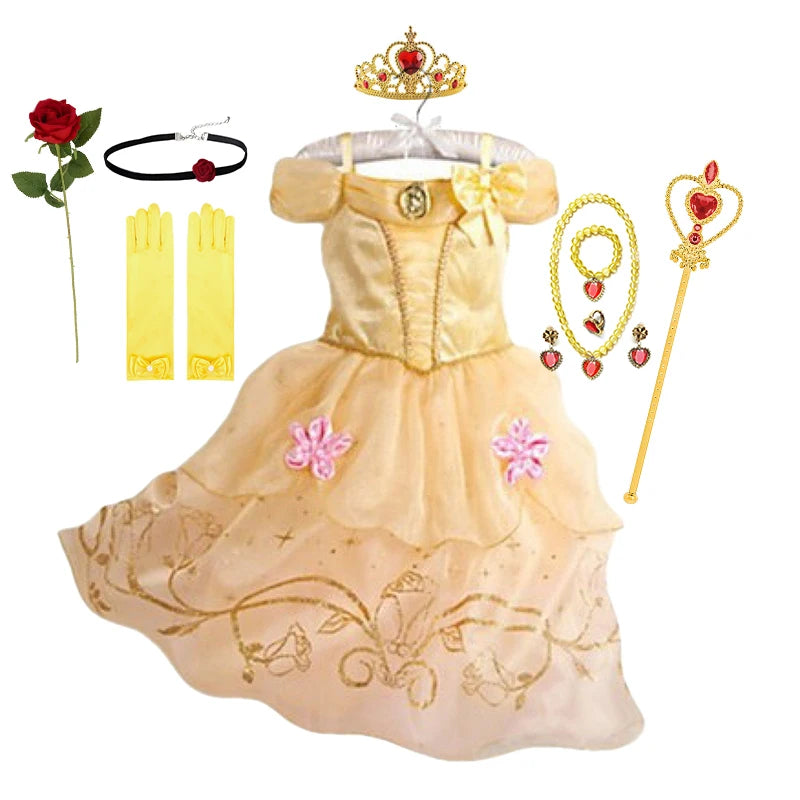 Kid Size: 2T, Color: Khaki - Belle Princess Dress for Girls Cosplay Beauty and The Beast Snow White Costumes Kids Halloween Carnival Birthday Clothes