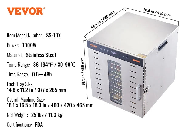VEVOR Electric Food Dehydrator Machine, 800/1000W Electric Food Dryer, 10 Stainless Steel Trays, with Digital Adjustable Timer