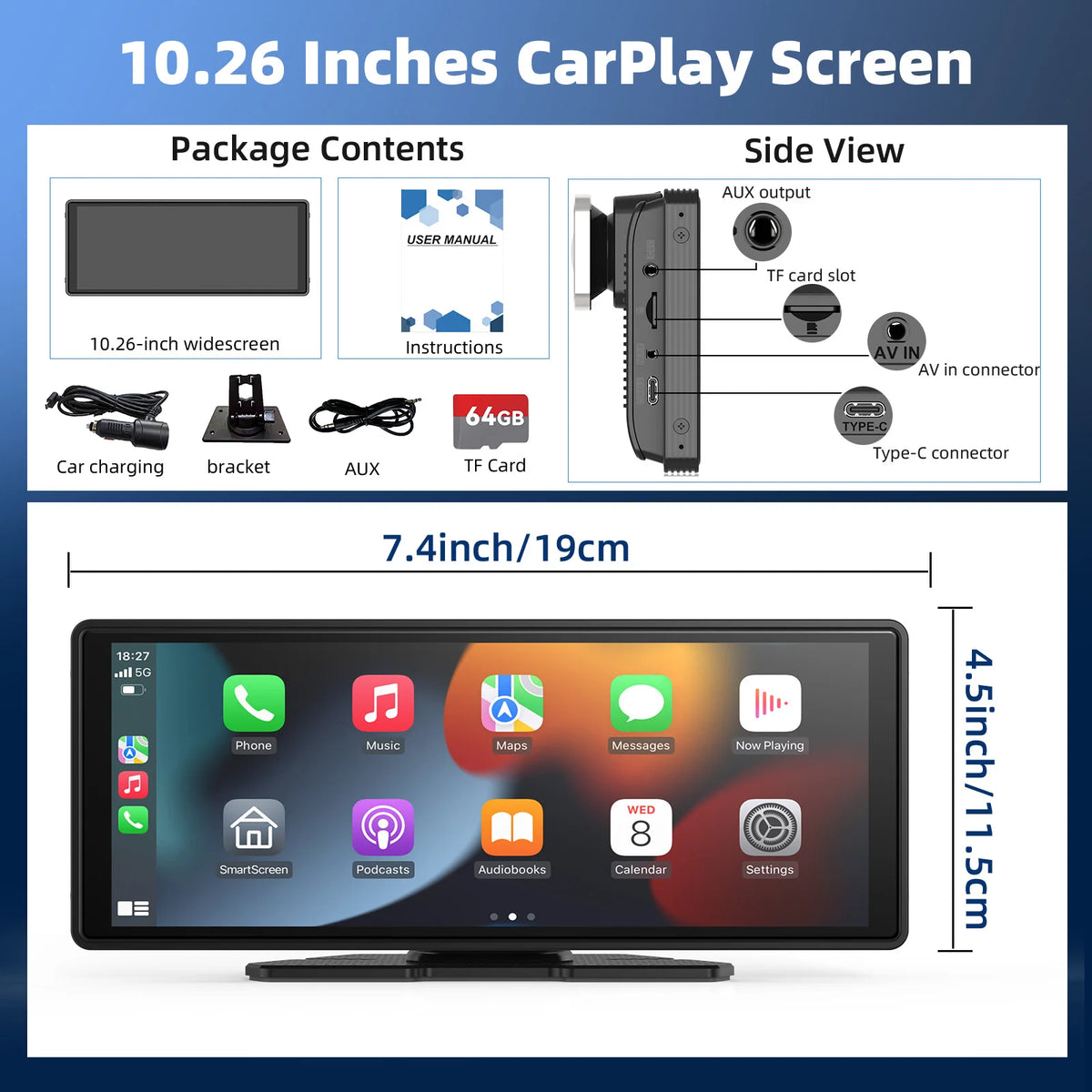 Portable Wireless Carplay Car Stereo, 10.26" inch HD Touchscreen for Car with CarPlay & Android Auto with Mirror Link/Backup Cam