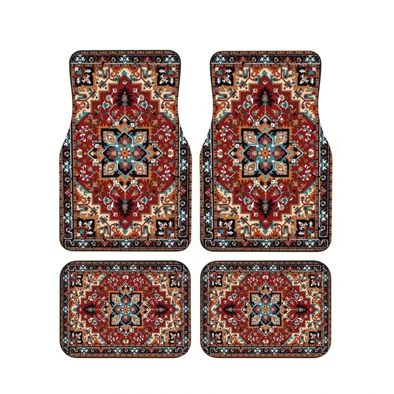 Red Bohemian Paisley Print Car Floor Mats 4Pcs Universal Anti-Slip Auto Carpet Interior Accessories For Women Girls Sedan SUV