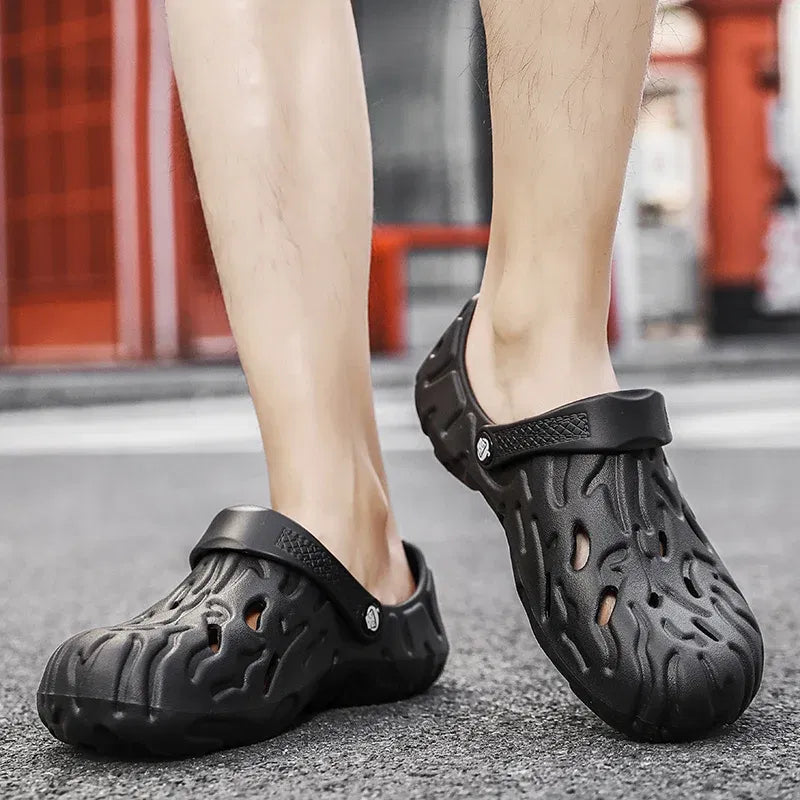 Color: black, Shoe Size: 45 - Men Summer Slippers Thick Sole Mens Clogs Sandals Hollow Breathable Flip Flops Sandals Shoes Fashion Beach Slippers