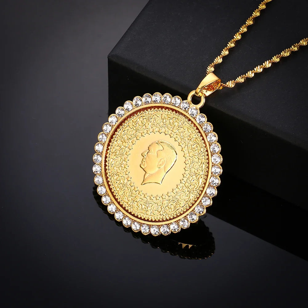 Never Faded Big Size Turkey Coin Pendant & Necklaces with AAA Crystal for Women Gold Color Turkish Coins Jewelry Ethnic Gifts
