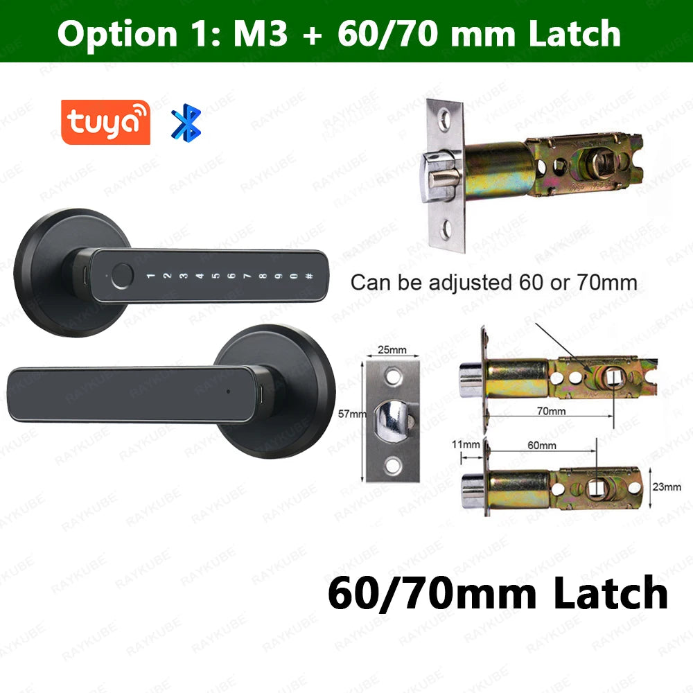 RAYKUBE M3 Tuya BLE Digital Fingerprint Door Lock Electronic Lock with 60/70mm Latch Keys Smartlife/Tuya APP Remote Unlock