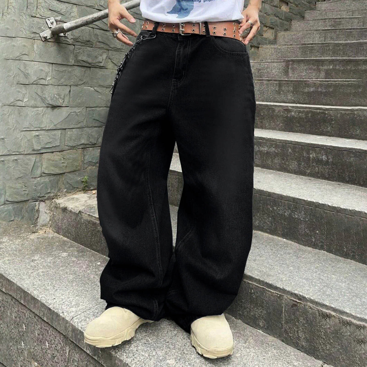 Men's Baggy Hip Hop Jeans Loose Fit Wide Leg Skater Denim Pants Casual Korean Fashion Long Trousers Streetwear Dark Blue Black