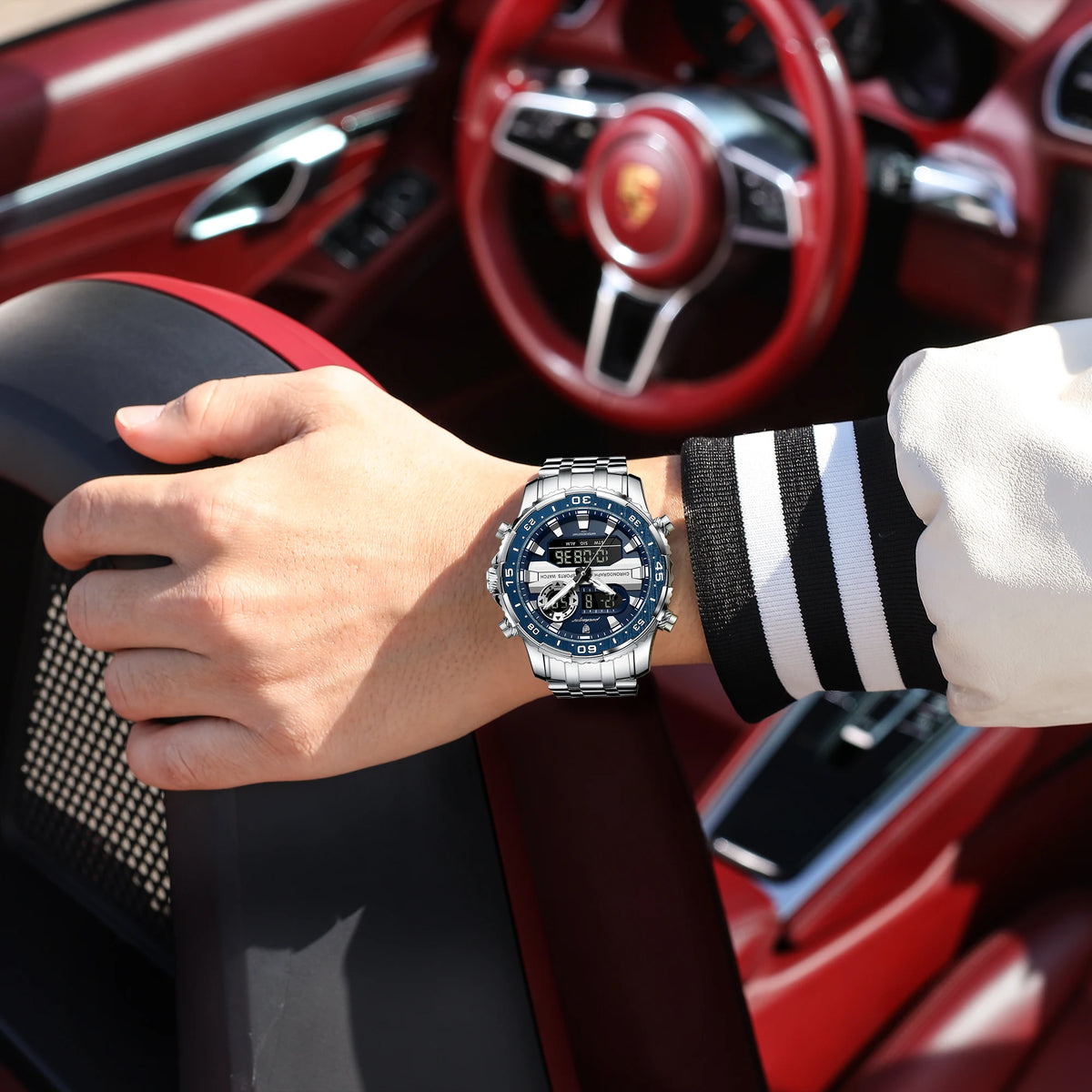 POEDAGAR Functional Electronic Man Wristwatch Week Date LED Luminous Oversized Fashion Quartz Men Watch Dual Time Digital Military Men's Watches Reloj
