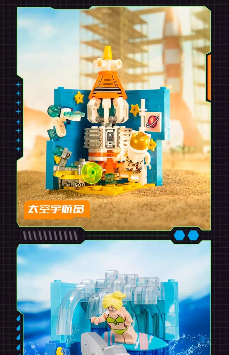 Scene Building Blocks Mini Small Particles Surfing Adventure Exploration Series Model Ornaments Splicing Toys Halloween Gift