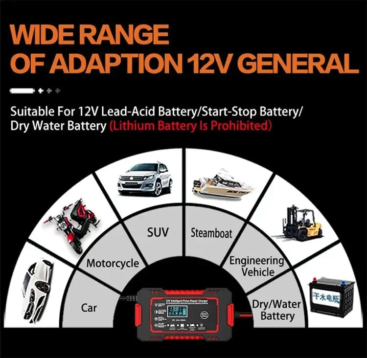 12V 6A Full Automatic Car Battery Charger Power Pulse Repair Chargers Wet Dry Lead Acid Battery Chargers Digital LCD Display