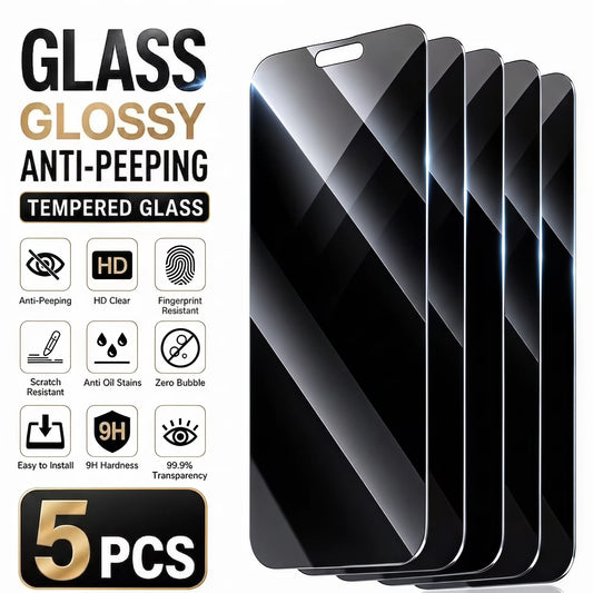 5pcs Tempered Glass Privacy Screen Protector for iPhone 18 17 16 15 Pro Max Plus 18 Fold 16e 14 13 Pro Plus 12 Mini 11 XR X XS Max 7 8 SE Full Coverage Anti-Spy Glossy Shield, HD Clarity, 9H Hardness, Easy Installation